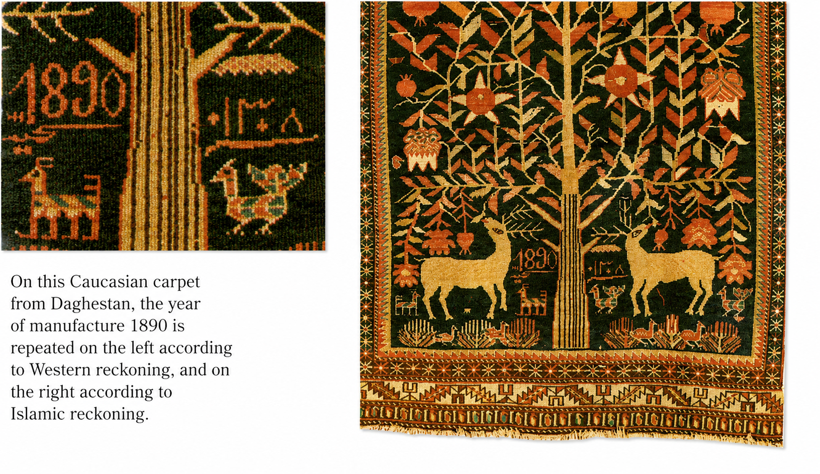 Antique Caucasian Daghestan rug with the year 1890 woven in both Western and Islamic numerals beside trees and animals