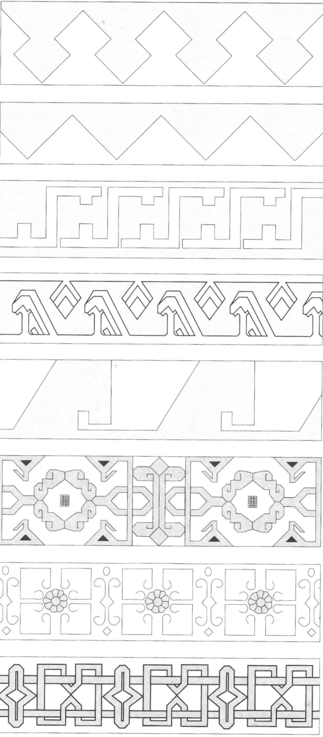 Schematic border strip with simplified Medachyl, triangle, Chinese meander, running dog and Kufic motifs
