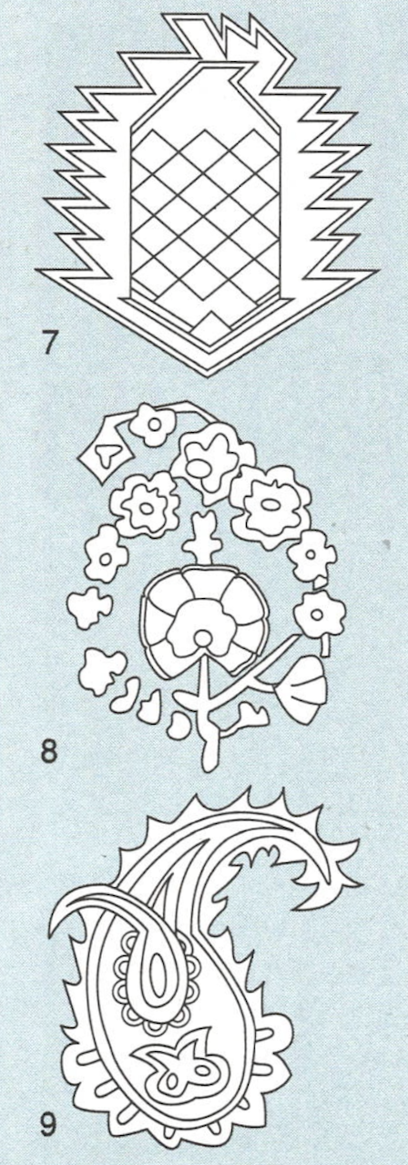 The boteh or paisley motif shown in geometric and floral variations