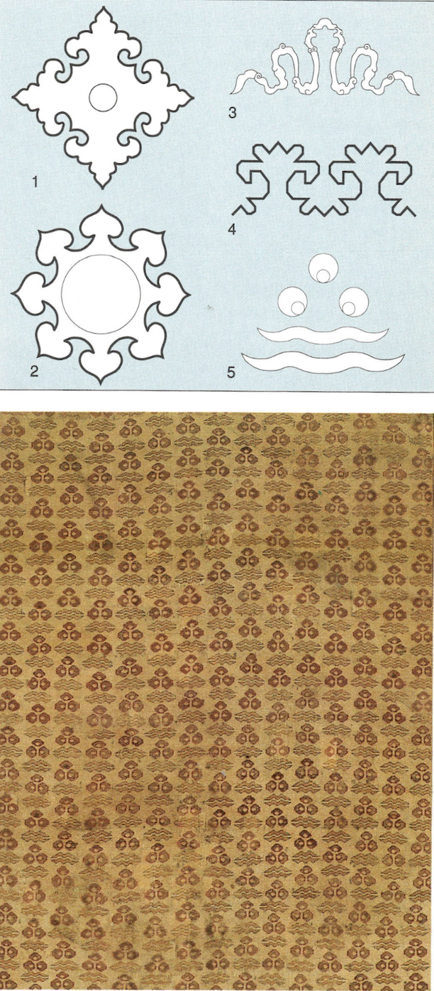 Schematic cloudband and leaf motifs above a detail of a 17th century Oushak rug