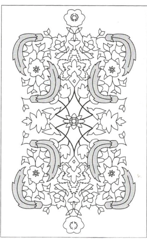 Diagram of the Herati or mahi fish motif with central rosette and four sickle shaped leaves