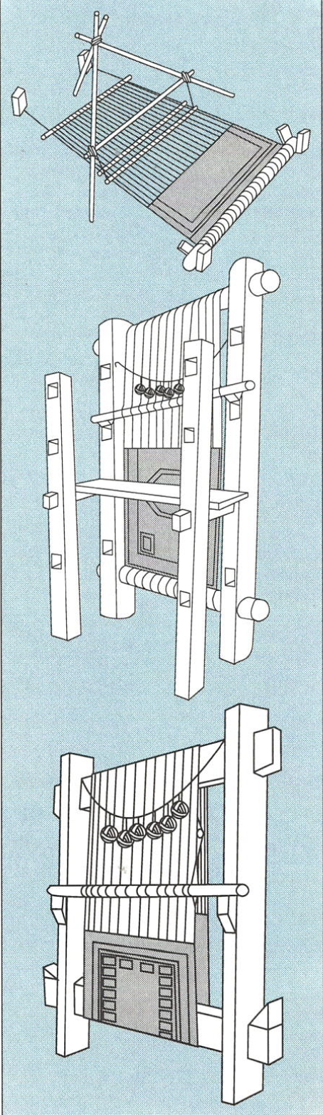 The three looms used for knotting rugs, horizontal, vertical with fixed beams, and vertical with a movable lower beam