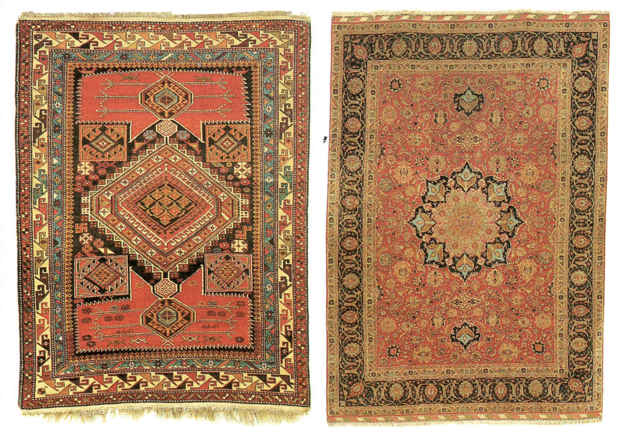 Two medallion rugs, a Caucasian Shirvan at left and a Persian Tabriz medallion rug at right