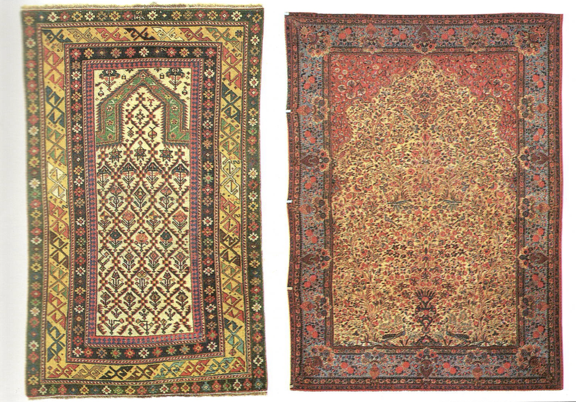 Two prayer rugs side by side, a Caucasian Shirvan at left and a Persian Kashan at right