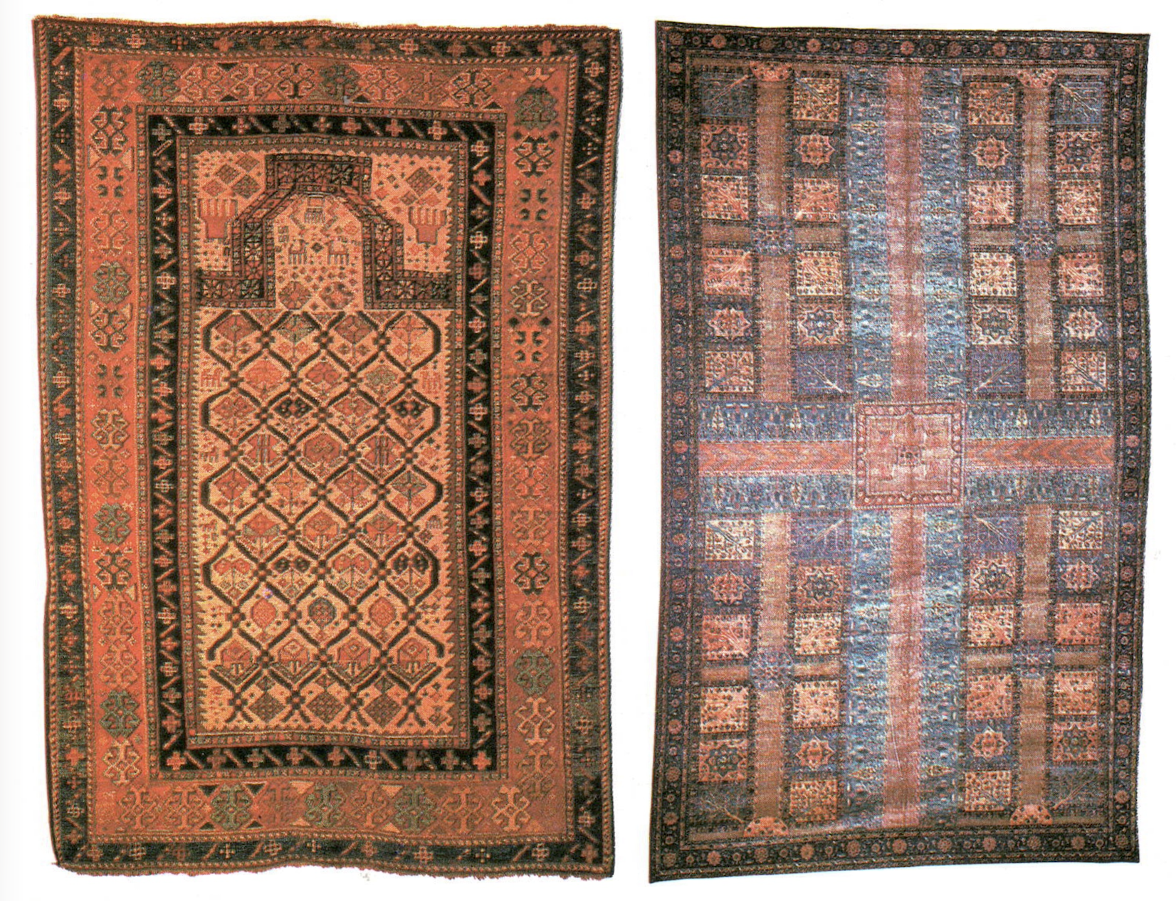Left a Caucasian Shirvan prayer rug and right a Northwest Persian Kurdistan garden rug