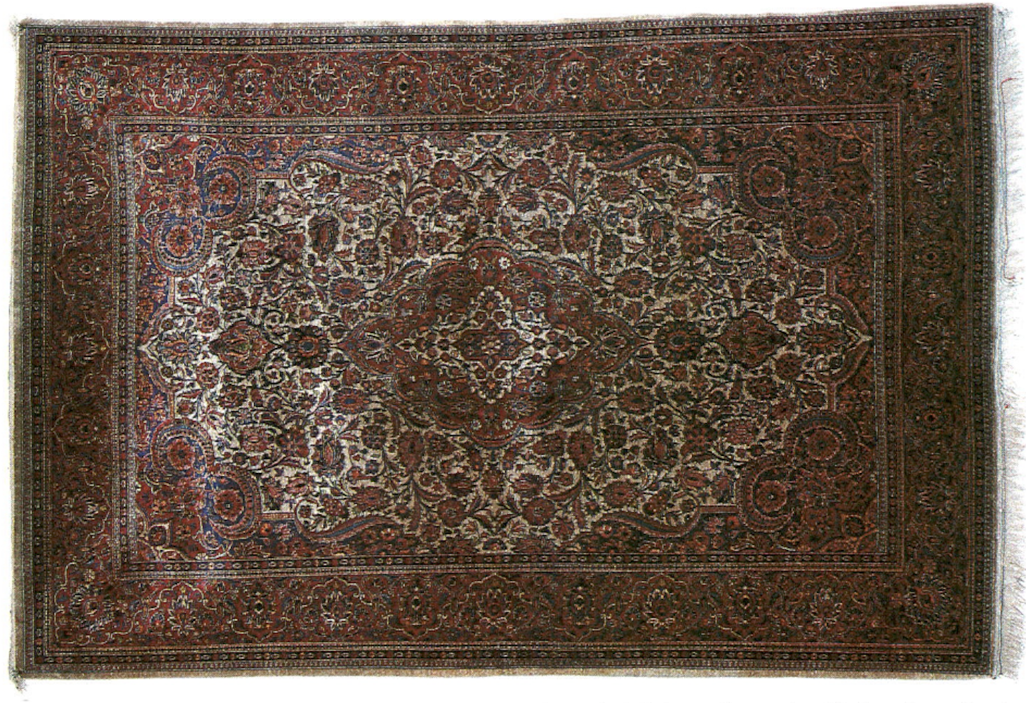 Antique 19th century Persian Kashan medallion rug with finely drawn floral field in deep red and ivory tones