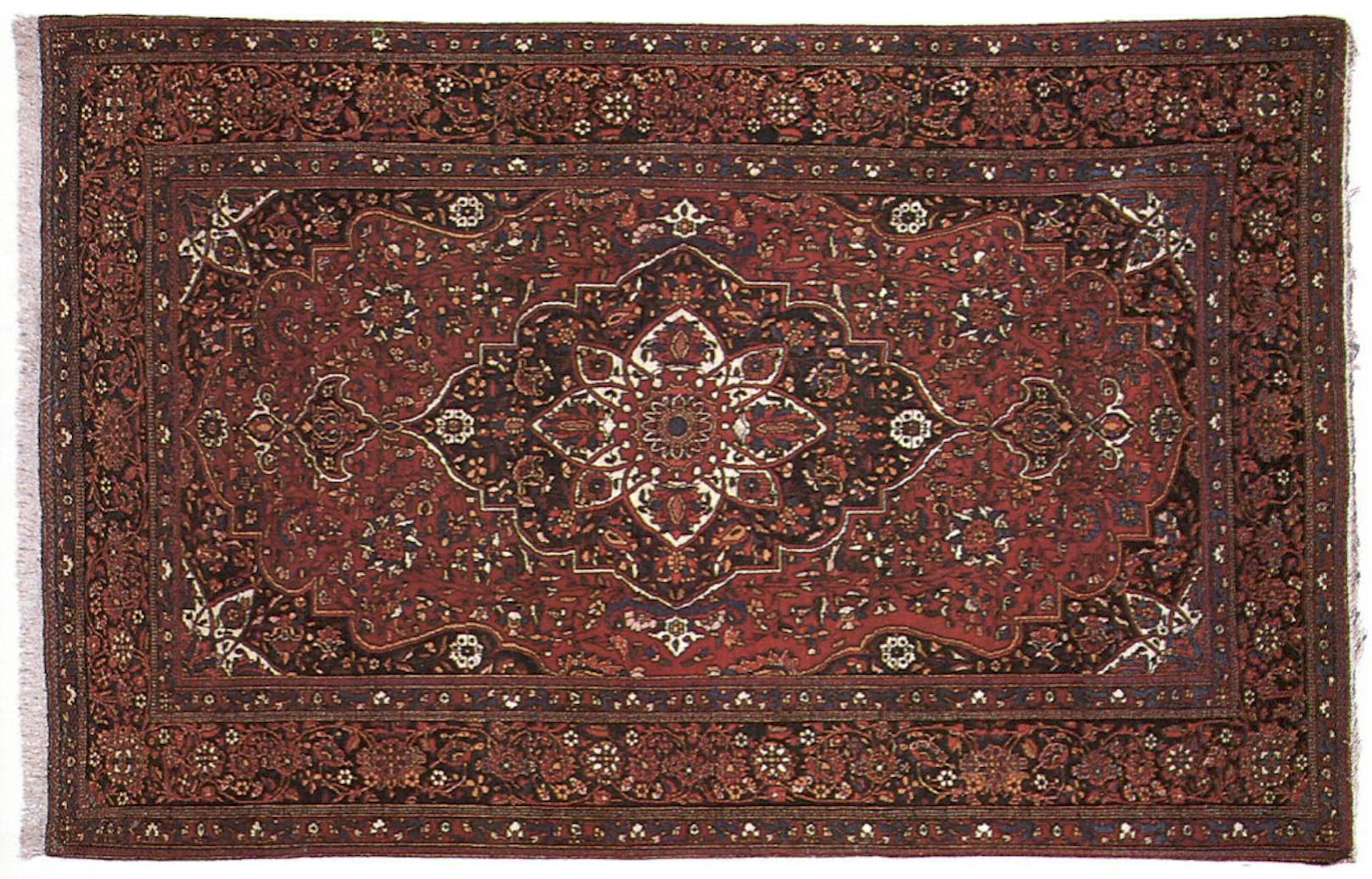 Modern Persian Kashan medallion rug with a similar floral medallion pattern in red showing a stiffer drawing