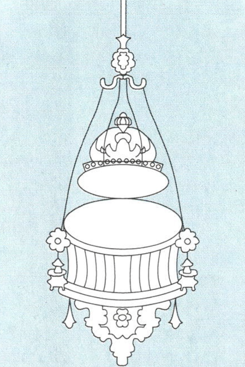 Line drawing of the mosque lamp suspended from a prayer rug mihrab gable
