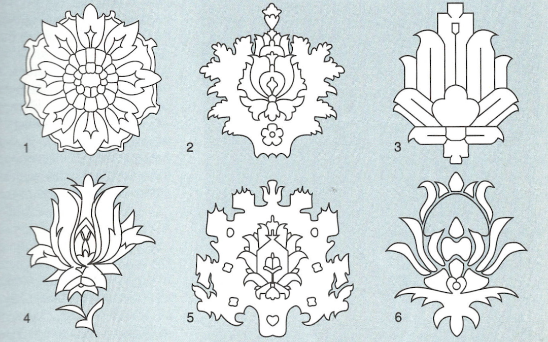 Six palmette and rosette forms used in Persian rug design including the Shah Abbas palmette