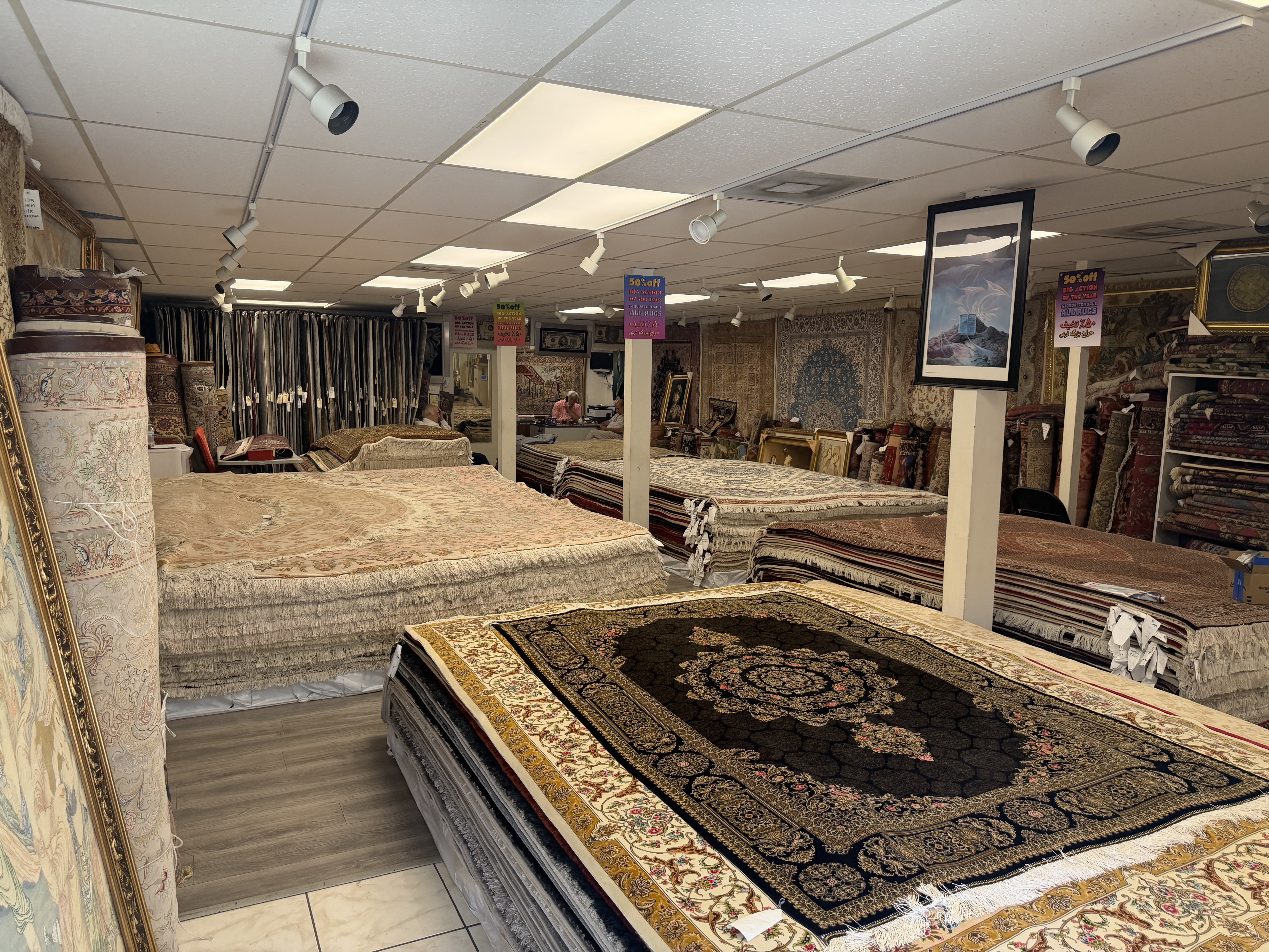 Inside the Rugs.net Los Angeles showroom with hand-knotted Persian rugs on display