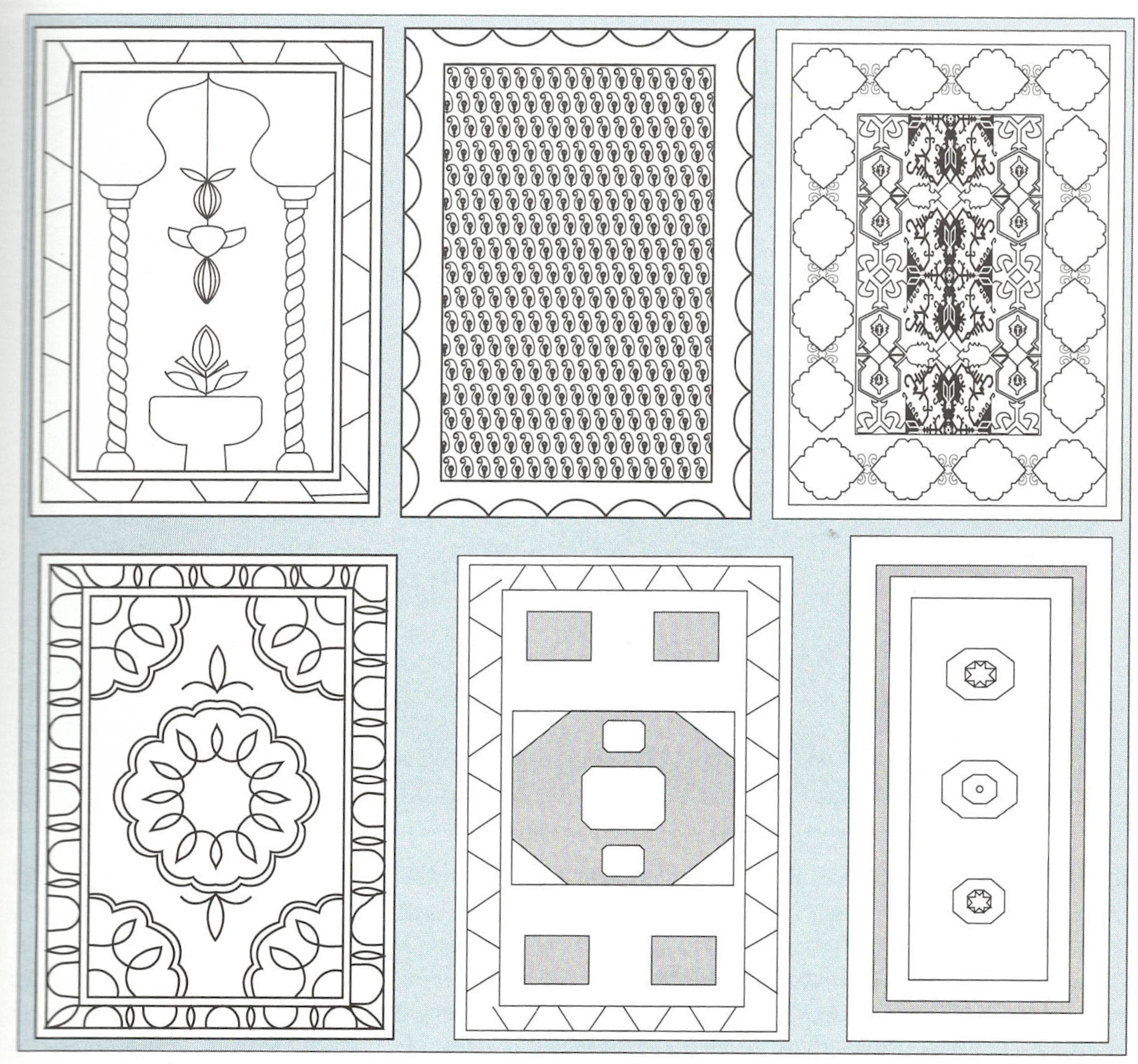 Six schematic Oriental rug layouts showing directed, undirected and centralized pattern arrangements