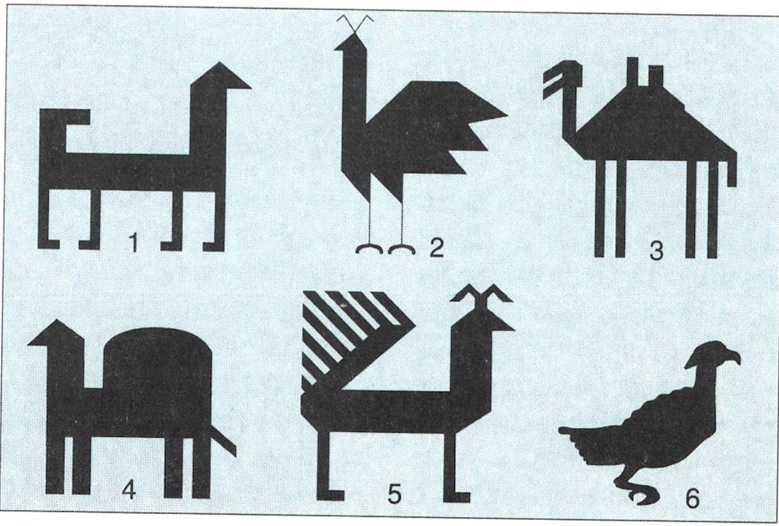Six stylized animal motifs from nomad rugs including horse, bird, camel and peacock