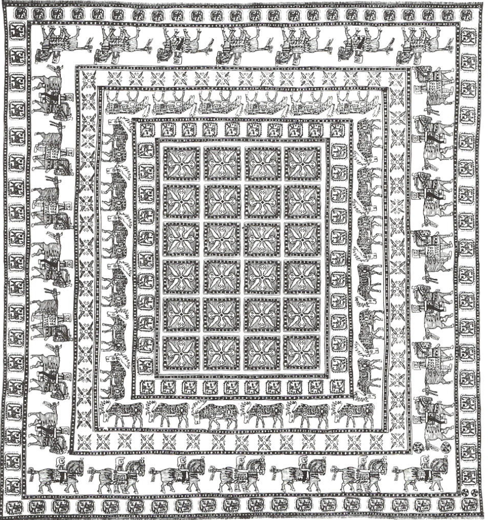 Schematic line drawing of the complete Pazyryk rug design with rider and elk borders