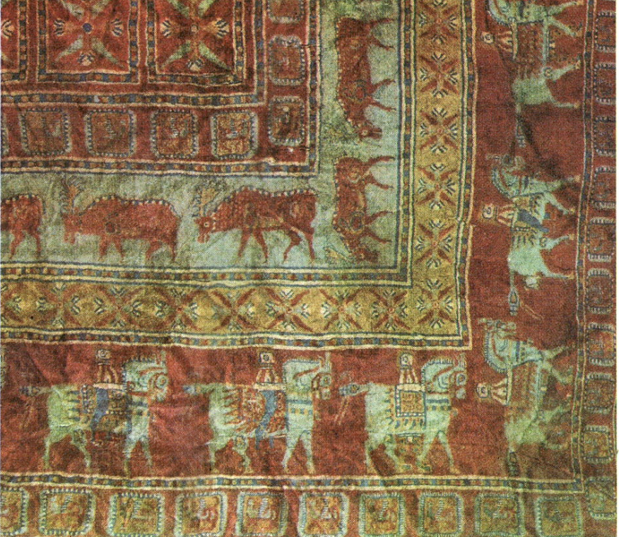 Color detail of the Pazyryk rug showing horsemen and grazing elk