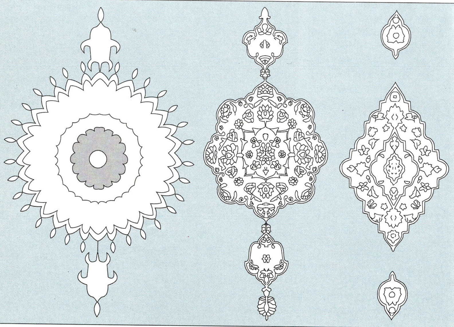 Three Persian medallion forms with pendants, circular concentric, round indented and lozenge shaped