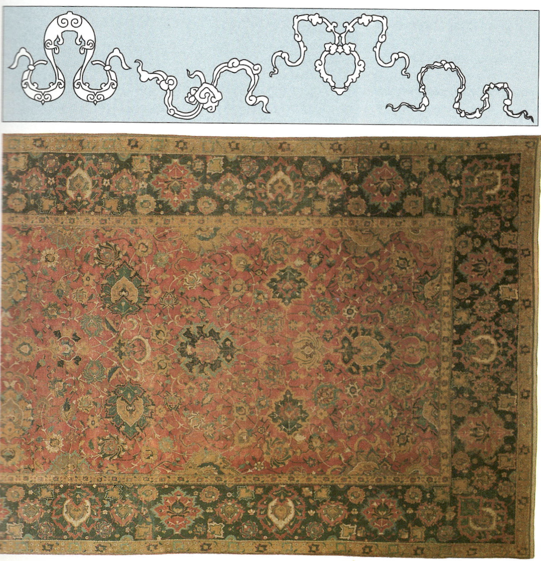 Schematic cloudband patterns above a detail of in-and-out palmettes in a Persian Herat main border