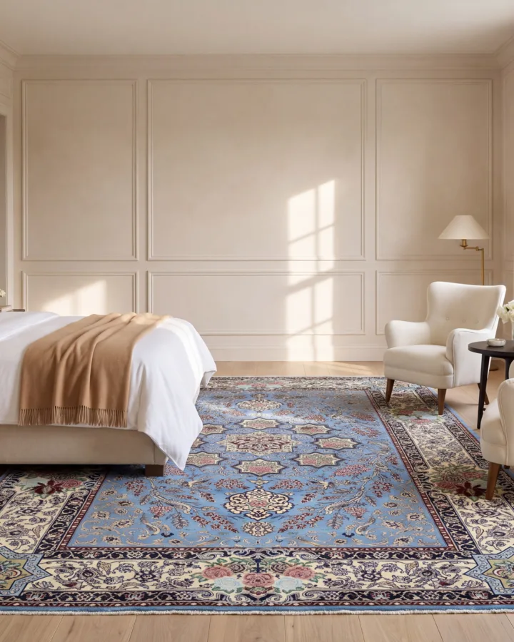 A blue Persian Isfahan wool-and-silk rug at the foot of a bed
