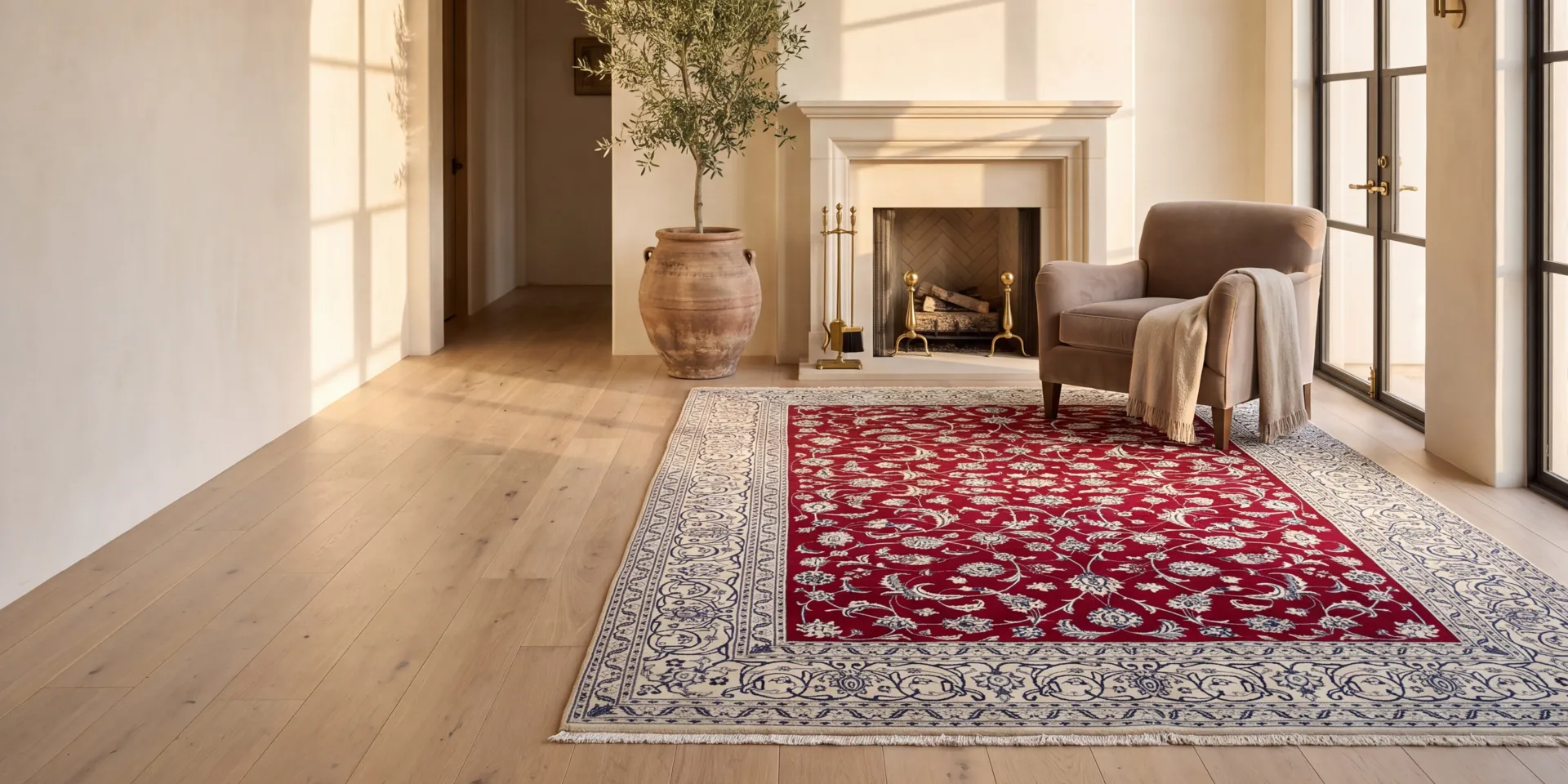 A hand-knotted Persian Nain rug in a warm, sunlit interior