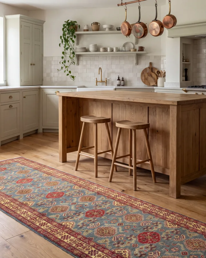A hand-knotted oriental runner along a warm kitchen floor