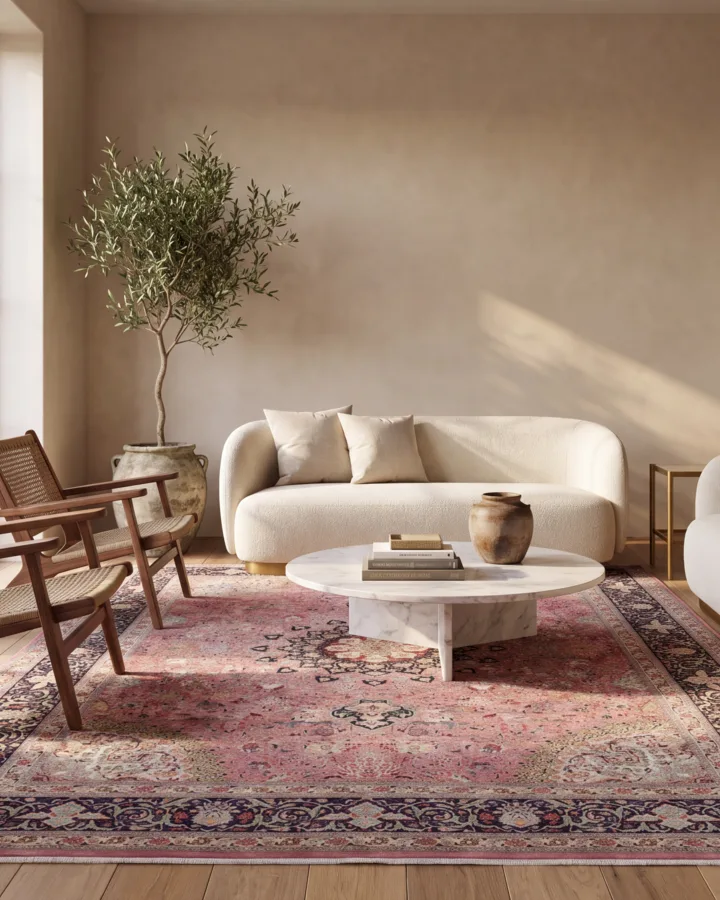 A rose Persian Tabriz rug anchoring a sunlit living room