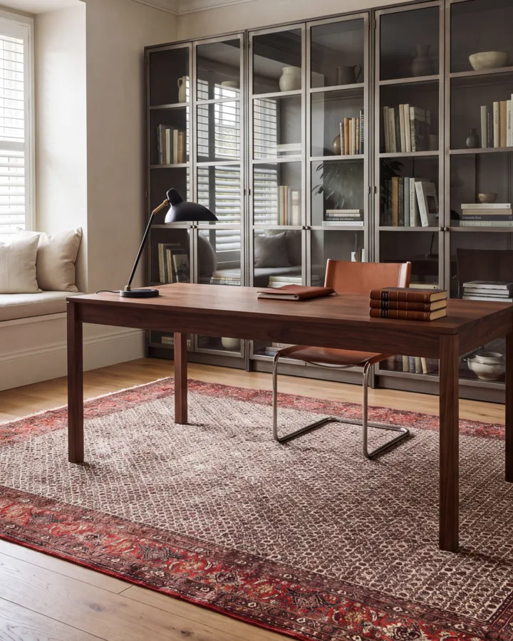 A Persian Bijar rug beneath a walnut desk in a home office