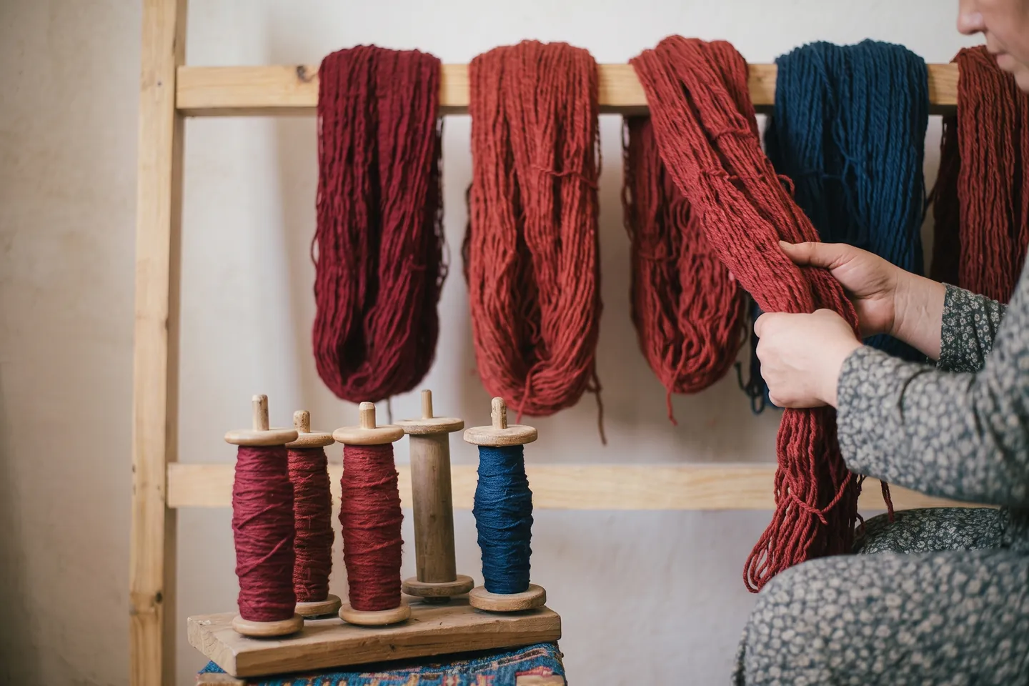Skeins of madder-dyed wool in several different reds and one indigo skein hanging on a wooden rack above filled bobbins