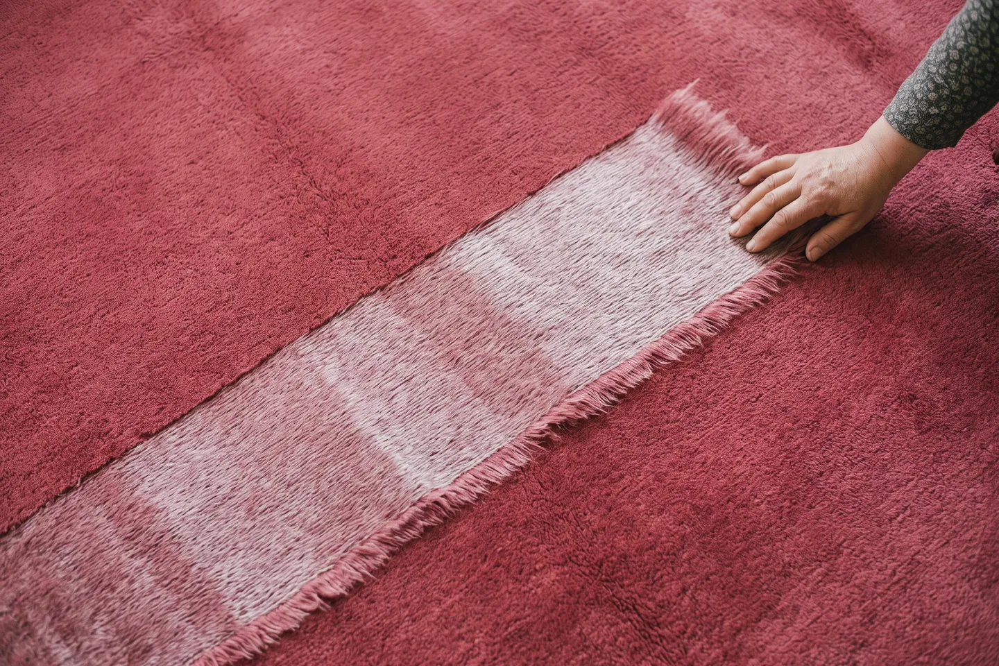 A band swept across the pile of a Persian rug, where the same wool reads visibly paler than the field around it