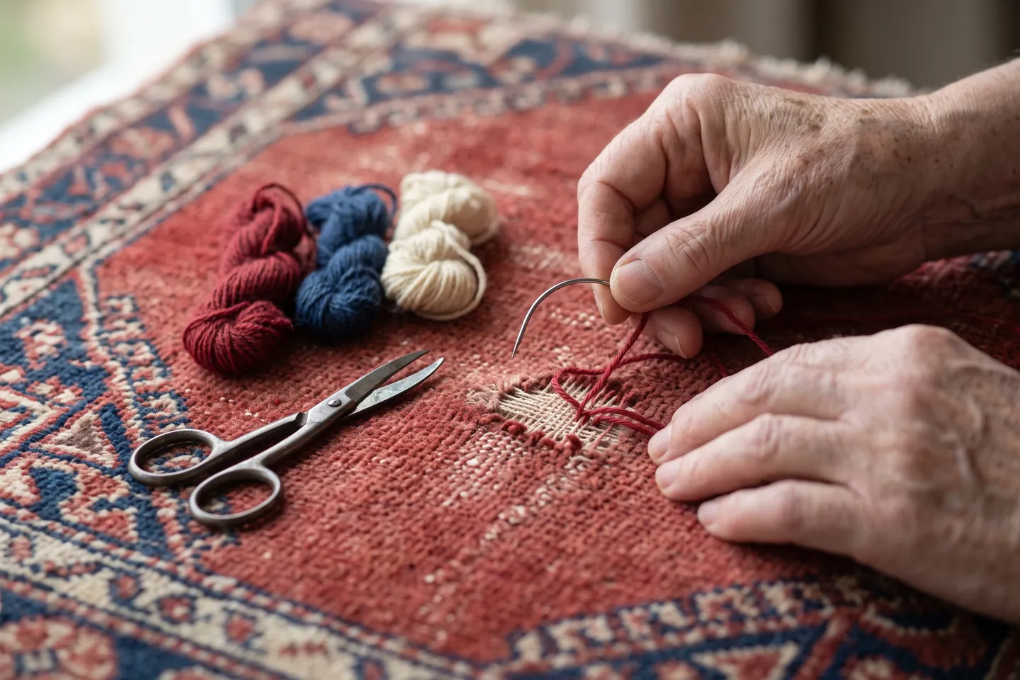 A restorer re-knotting a worn patch of an antique Persian rug with wool dyed to match