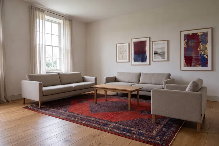 The same living room with a larger rug running under the front legs of the sofa and both armchairs