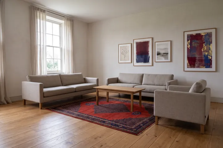 A living room where the rug floats between the furniture and every leg stands on bare floor