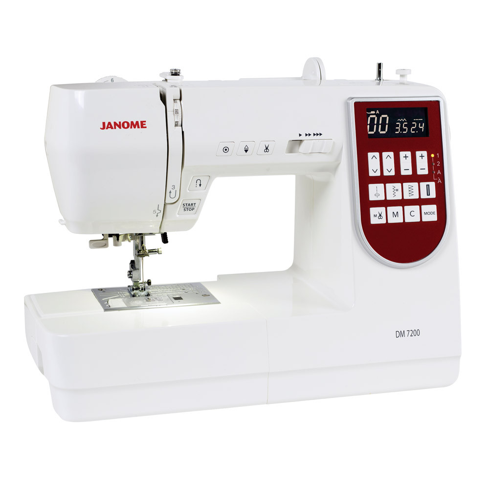 Janome DM7200 computerised sewing and quilting machine with red LCD control panel