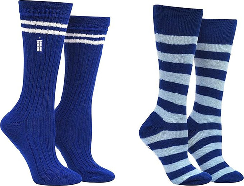 Doctor Who Cosplay Socks (13th Doctor's Rugby Style Crew Socks & Embroidered TARDIS) - Fits Ladies size 4-10 (2 Pairs)