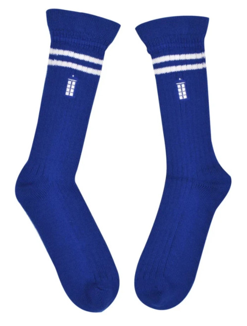 Doctor Who Cosplay Socks (13th Doctor's Style - Ribb Crew with Embroidered Tardis and Bell Cuff) - Fits Ladies size 4-10 (1 Pair)