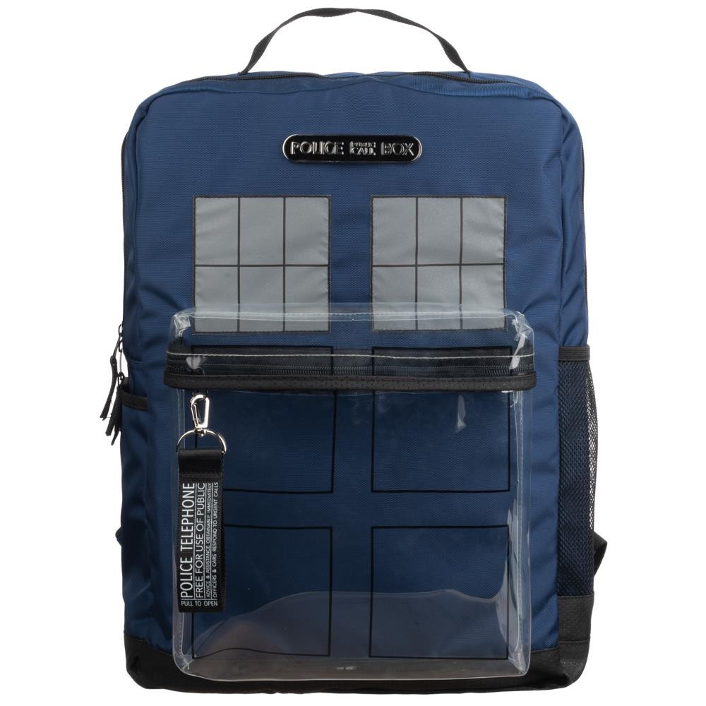 doctor who tardis backpack with clear front window pocket