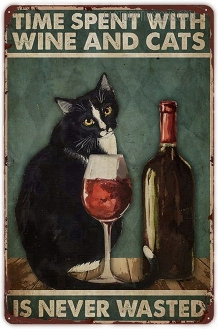 Time Spent With Wine And Cats Typography Animal Vintage Metal Signs Tin Sign for Bar Wall Hanging And Wall Décor