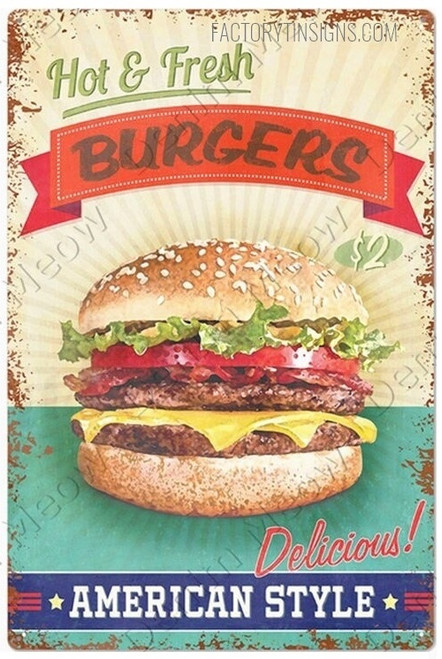 Hot & Fresh Burgers Vintage Typography Hamburger Tin Sign Fast Food Metal Plate for Dining Wall Poster