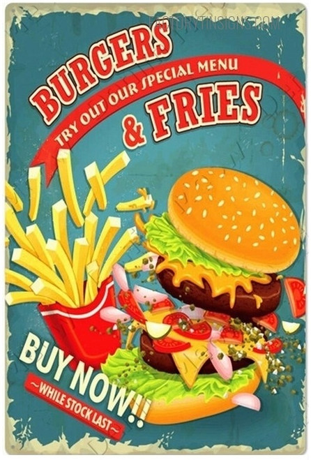 Burgers & Fries Vintage Typography Metal Plaque Fast Food Tin Sign Poster for Cafeteria And Room Decoration