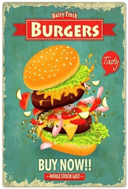 Dairy Fresh Burgers Vintage Typography Metal Plaque Fast Food Tin Sign Poster for Cafeteria And Room Decoration