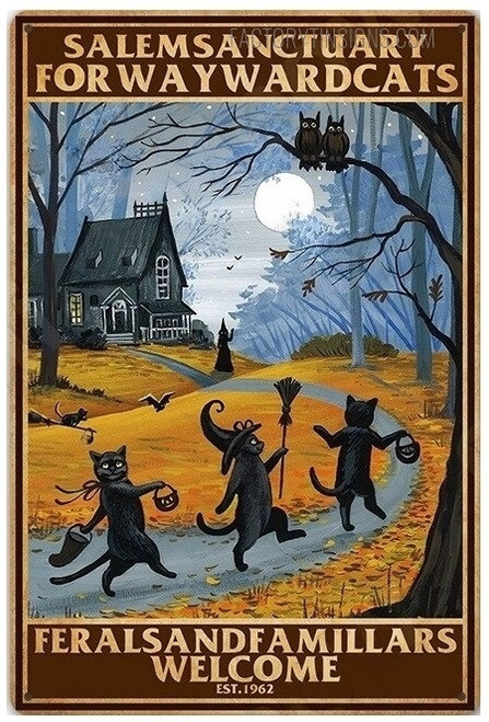 Salem Sanctuary for Wayward Cats Animal Typography Halloween Witchcraft Metal Tin Sign Poster for Wall Decoration