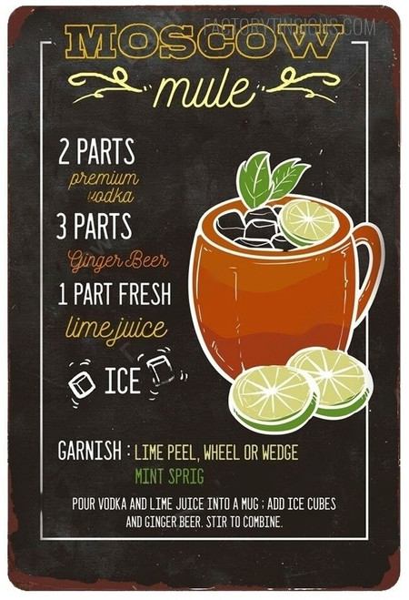 Moscow Mule Vintage Typography Cocktail Recipes Metal Bar Sign for Home Bar Wall Decor