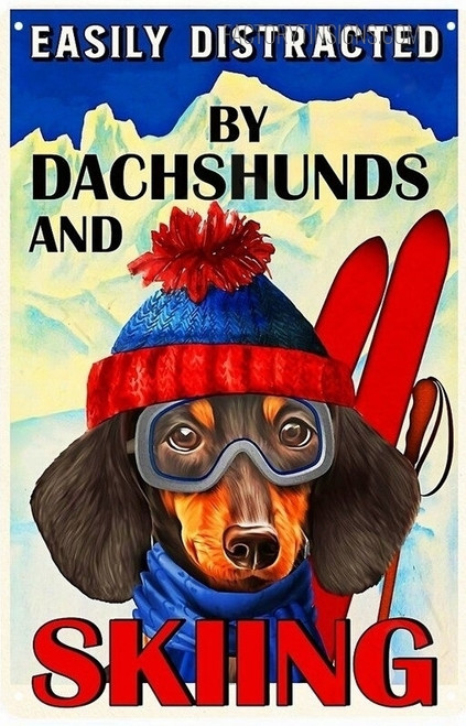 Dachshunds And Skiing Typography Animal Vintage Metal Signs Tin Sign for Wall Hanging And Wall Décor