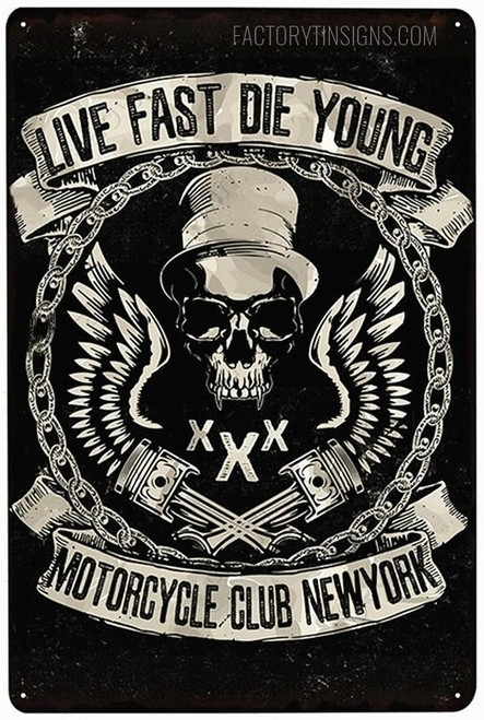 Live Fast Die Young Motorcycle Club New York Typography Vintage Metal Signs Retro Metal Tin Signs for Wall Hanging And Wall Décor