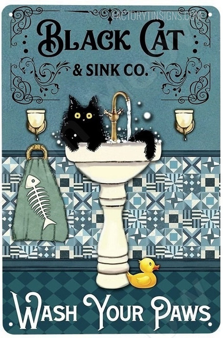 Black Cat In Sink Cute Animal Typography Retro Tin Art Vintage Metal Hanging Signs Perfect For Bathroom Wall Decor