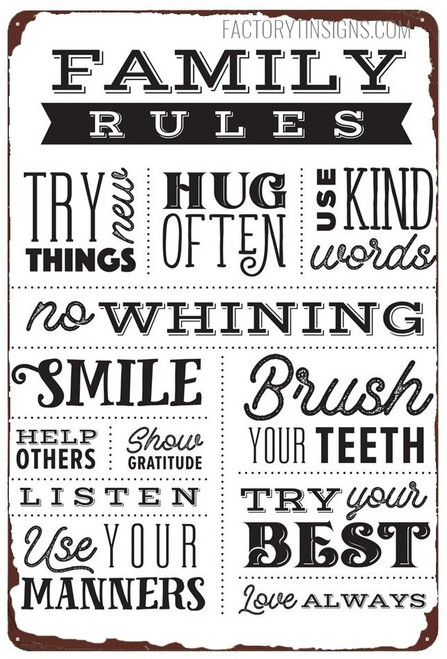 Family Rules Try New Things Typography Vintage Metal Signs Retro Metal Tin Signs for Home Wall Décor And Living Room Décor