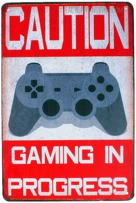 Caution Gaming In Progress Typography Vintage Metal Signs Retro Metal Tin Signs for Wall Hanging And Wall Décor