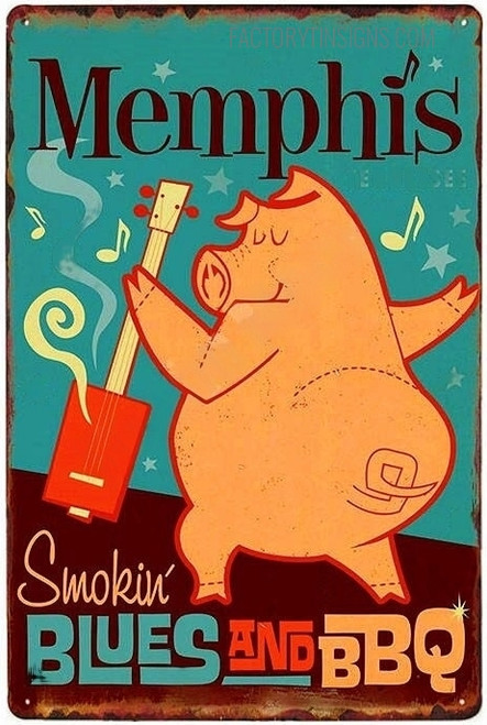 Memphis Smokin Blues And Bbq Typography Animal Vintage Metal Signs Retro Metal Tin Signs for Restaurant Wall Art Décor And Hotel Decoration Design