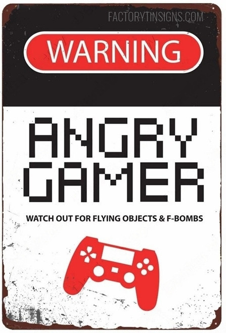 Warning Angry Gamer Typography Vintage Metal Signs Retro Metal Tin Signs for Wall Decor And Wall Hanging