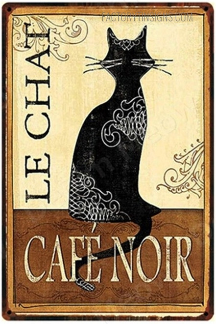 Le Chat Café Noir Typography Animal Vintage Metal Signs Retro Metal Tin Signs for Wall Hanging And Room Wall Décor