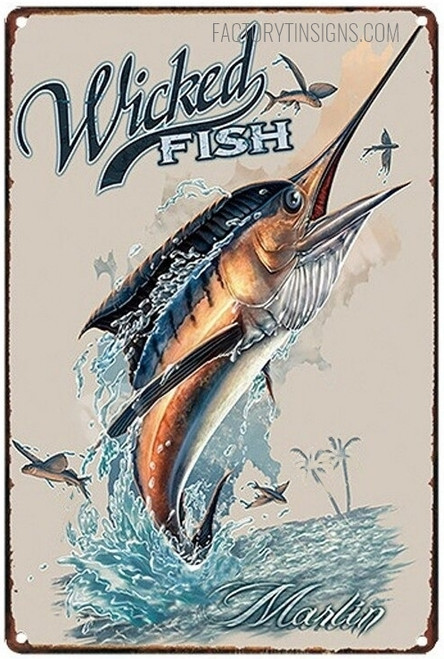 Wicked Fish Marlin Typography Sea Animal Vintage Metal Signs Tin Signs for Living Room Design And Home Decor