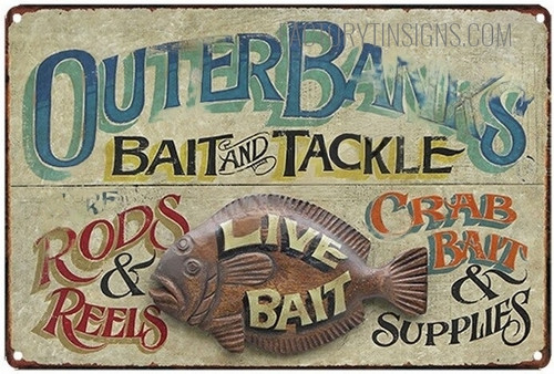 Outer Banks Bait And Tackle Surf Rods & Reels Typography Animal Vintage Metal Signs Tin Signs or Wall Hanging And Kids Wall Decor